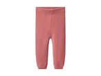 Knitted baby leggings in a solid pink color with ribbed waist and cuffs.