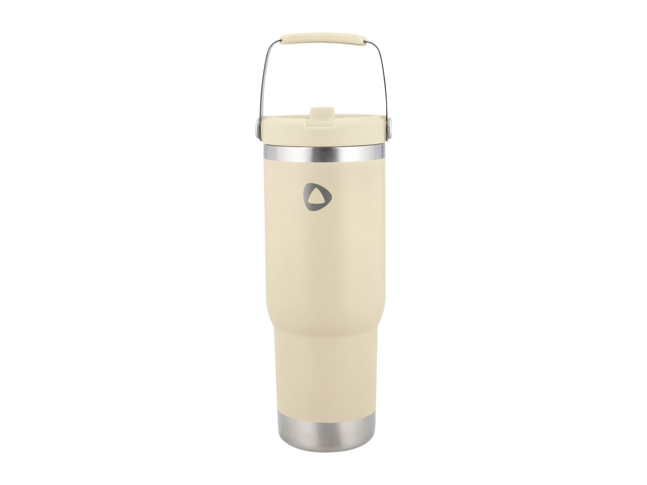 Cream-colored insulated tumbler with a handle and a silver base, featuring a small triangle logo.