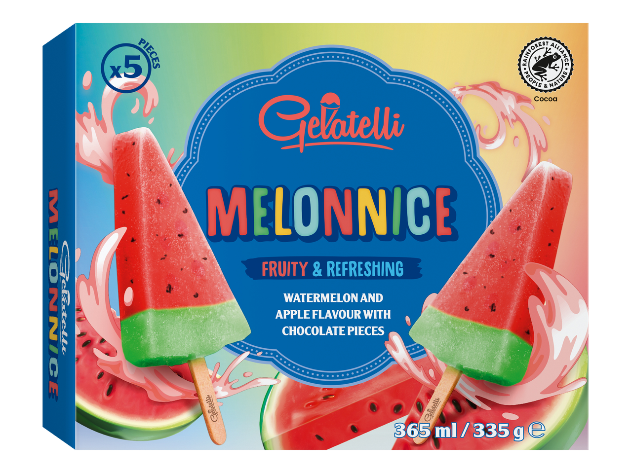 Gelatelli Melonnice: 5 picolés refrescantes de melancia e maçã com pedaços de chocolate.