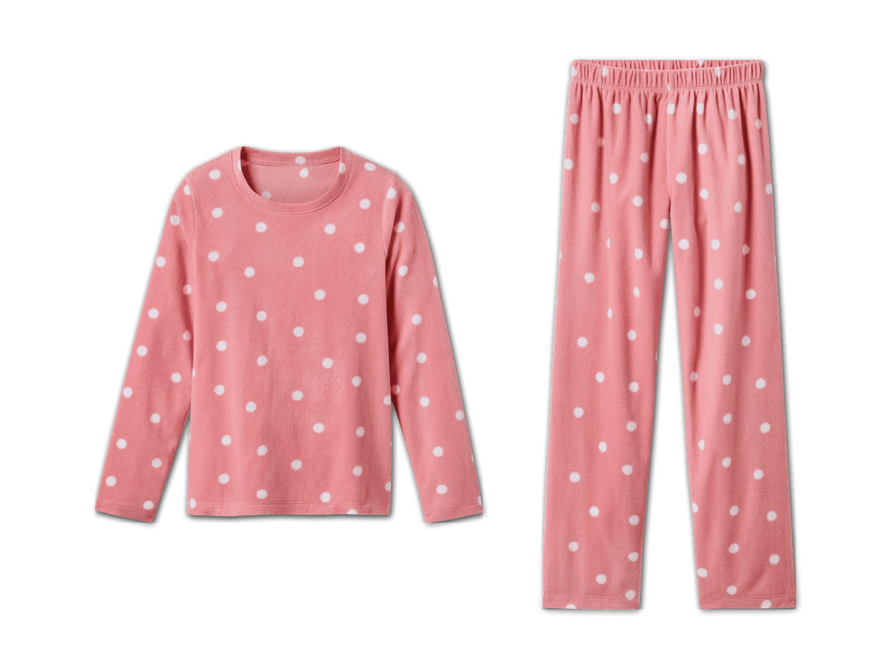 Rosa Pyjama mit weißen Punkten, bestehend aus Langarmshirt und Hose.