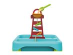 Colorful sand and water play table with a sand mill and shovel pouring sand.