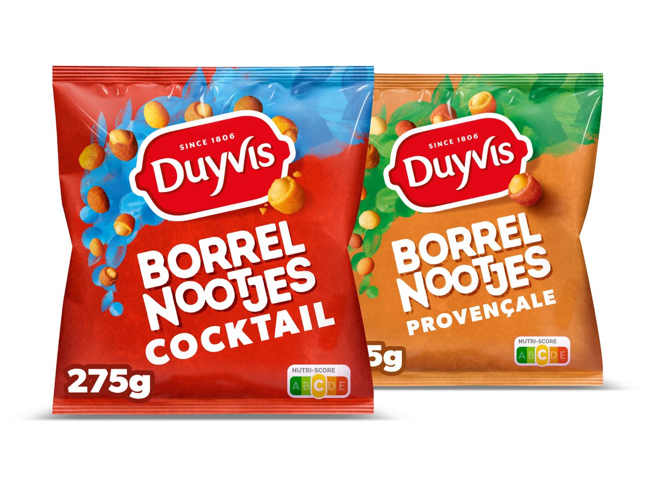 Twee zakken Duyvis Borrel Nootjes, één Cocktail en één Provençale, met Nutri-Score.