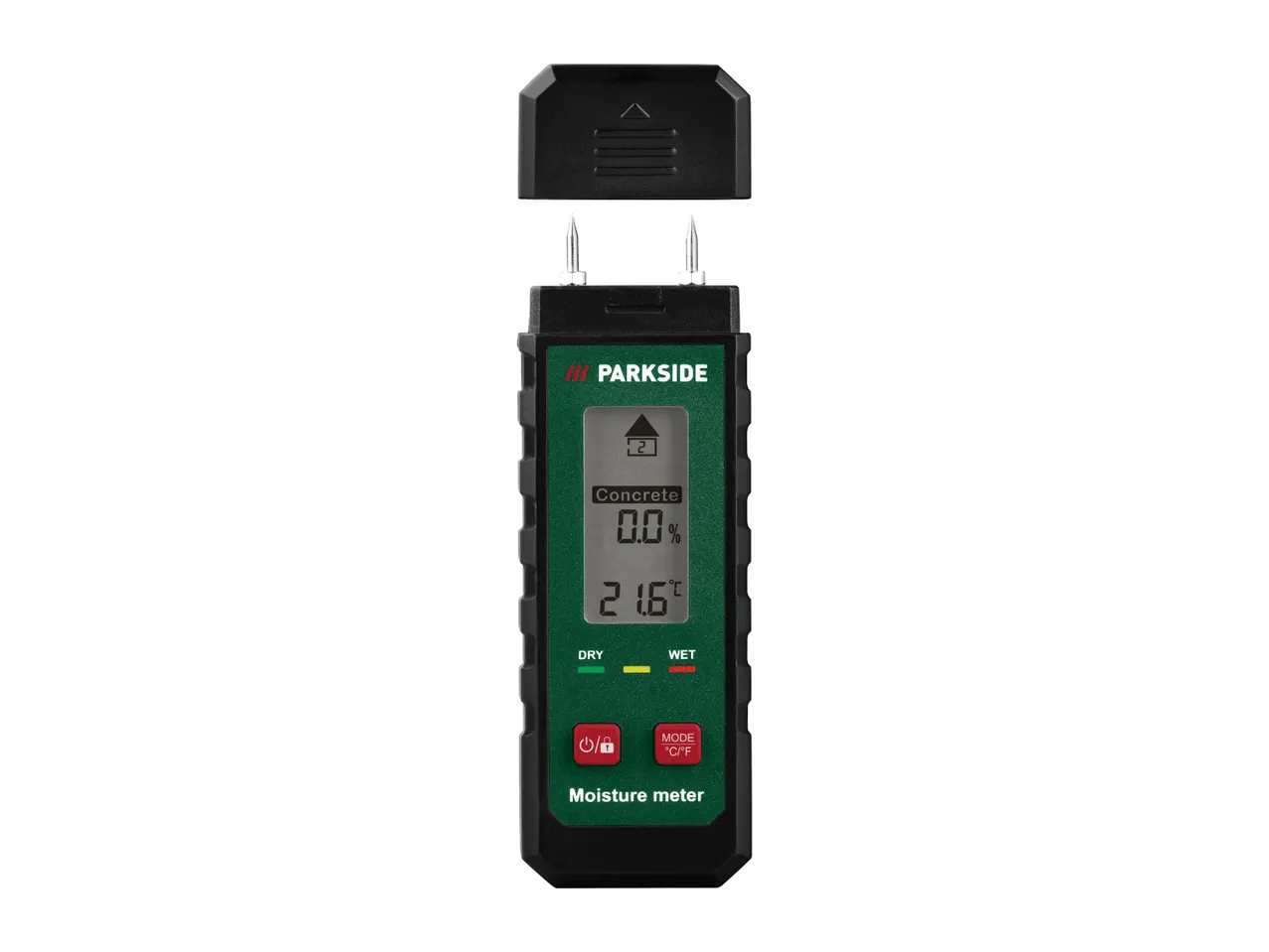 PARKSIDE moisture meter displaying 0.0% for concrete and 21.6°C.