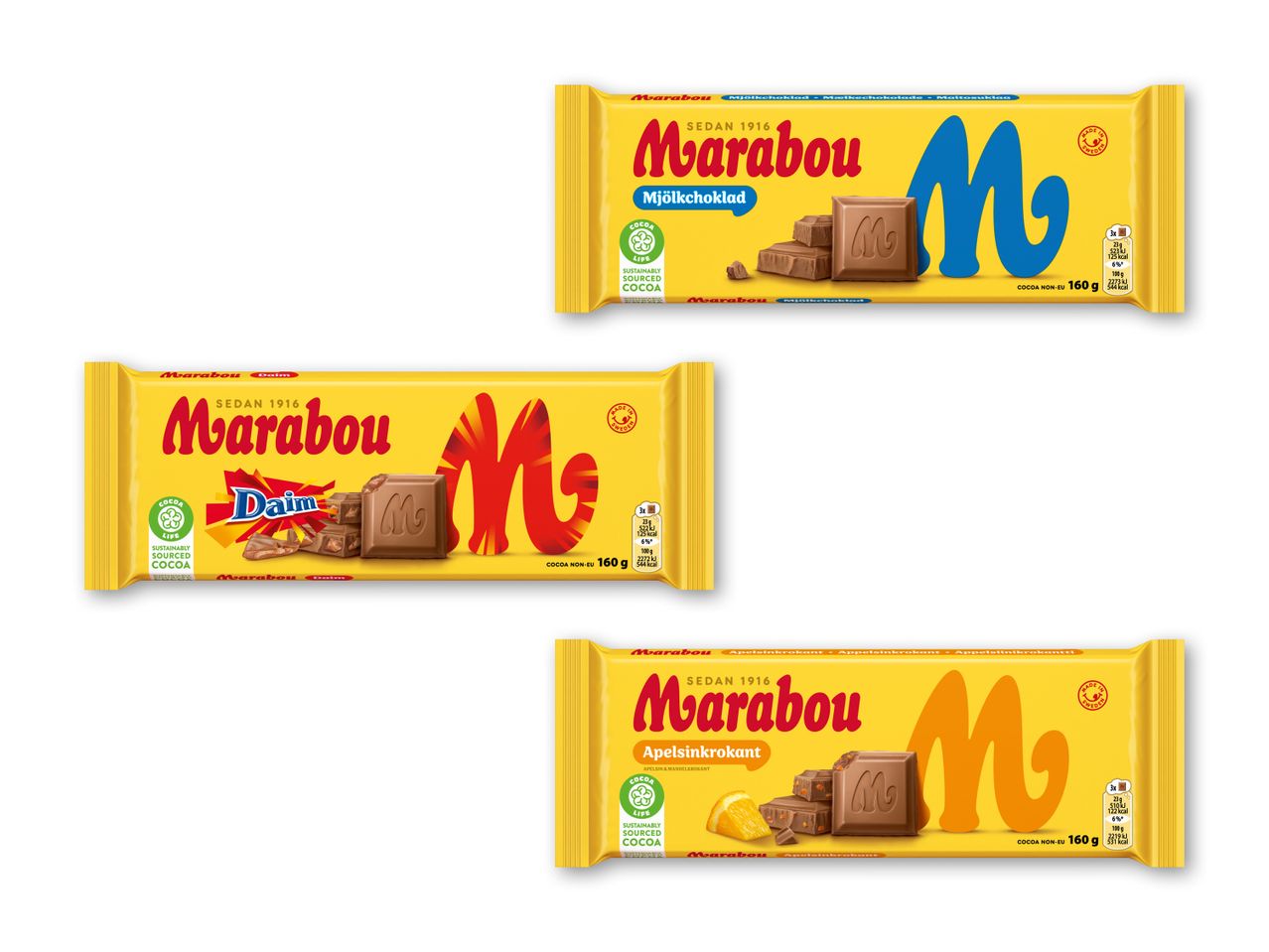 Tre chokoladeplader i gul indpakning: mælkechokolade, chokolade med Daim og chokolade med appelsinkrokant.
