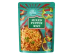 Embalagem de arroz com pimentos mistos Duc de Coeur, pronta a aquecer, com imagem de arroz e pimentos.