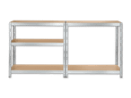 Zwei modulare Metallregale mit Holzbrettern, die nebeneinander stehen.