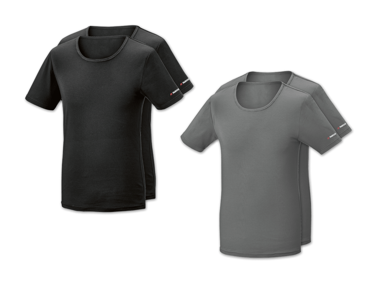 Zwei Paar Parksiden T-Shirts, eines schwarz, eines grau.