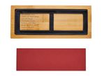 Bamboo tray with product information and a separate red felt pad.