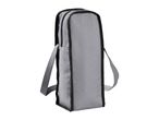 A gray canvas shoulder bag with black trim and a zippered closure.