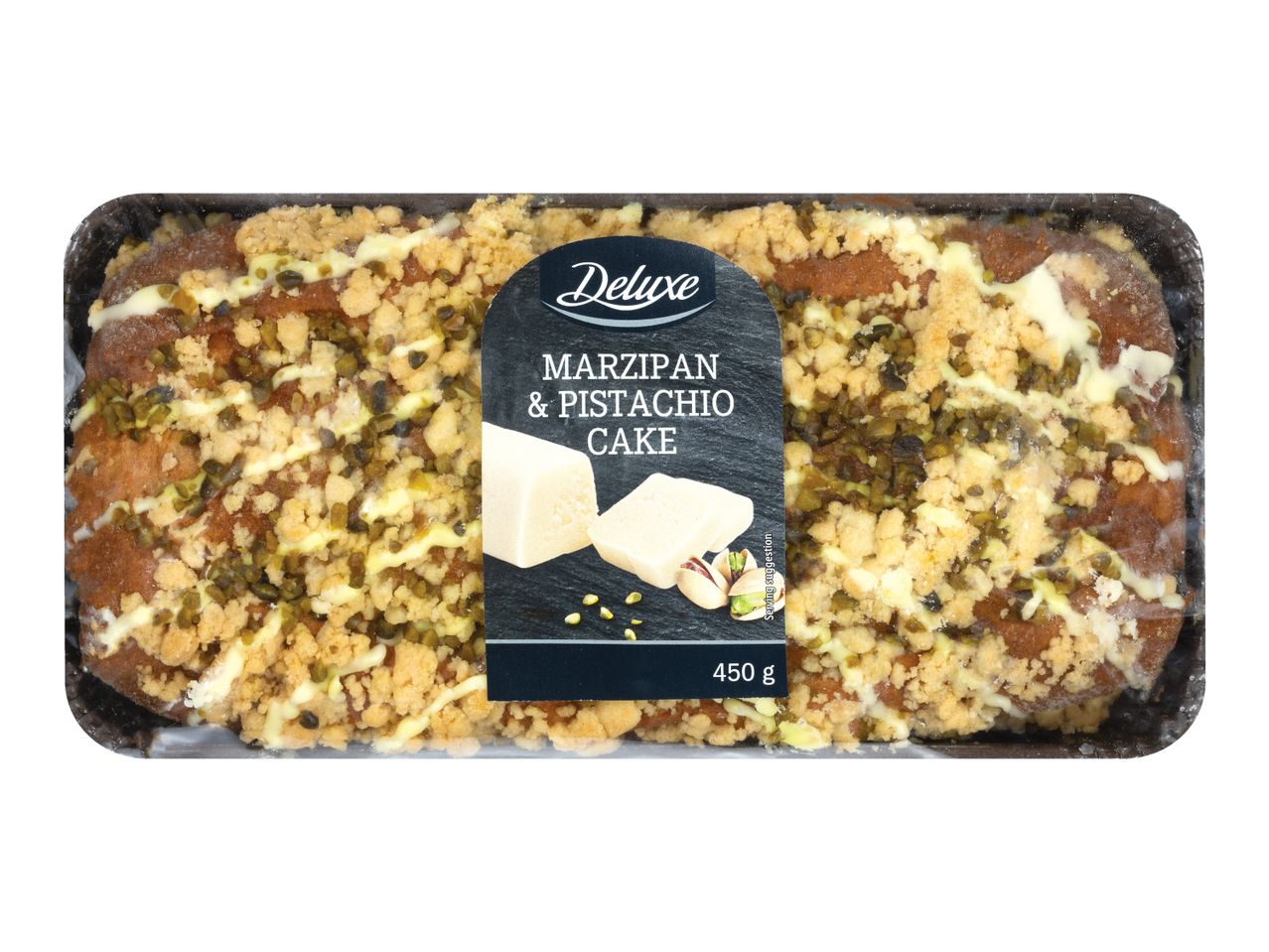 Deluxe Marzipan & Pistachio Cake, 450g, in clear plastic packaging.