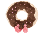 Brinquedo de pelúcia em forma de donut com cobertura de chocolate, granulado rosa e rosto sorridente.