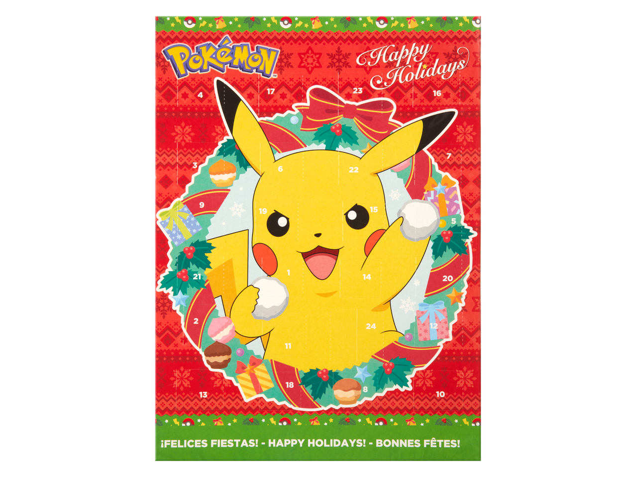 Pokémon adventa kalendārs ar Pikaču un Ziemassvētku rotājumiem.