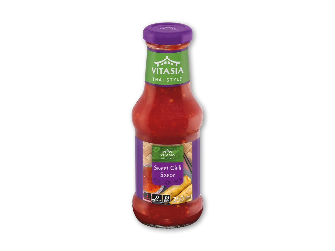 Flaske med sød chilisauce i thailandsk stil, mærket som medium styrke og indeholdende 250 ml.