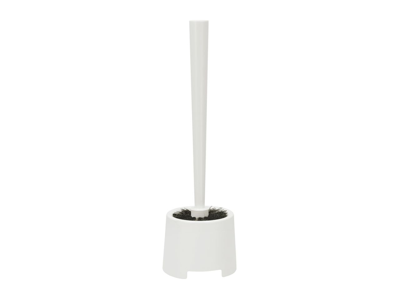 White toilet brush with a black bristle head, standing in a matching white holder.