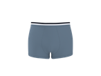Boxers azul-acinzentados com cós elástico preto e riscas brancas.