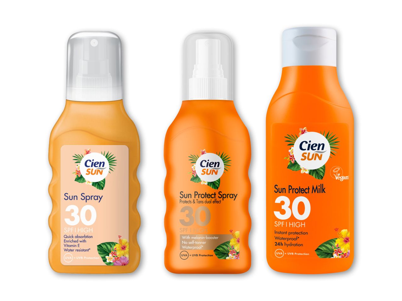 Tre Cien Solcreme sprayflasker med SPF 20 og 30.