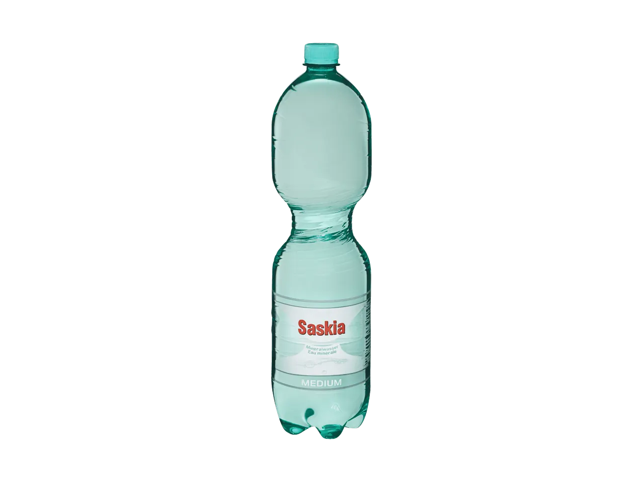 Una bottiglia di plastica verde di acqua minerale con l'etichetta 'Saskia Mineralwasser Medium'.