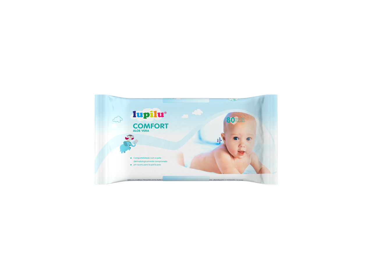 Pacote de 80 lenços umedecidos Lupilu Comfort com aloe vera para bebês.