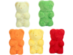 Vijf pluche gummibeertjes in geel, groen, oranje, citroen en rood.