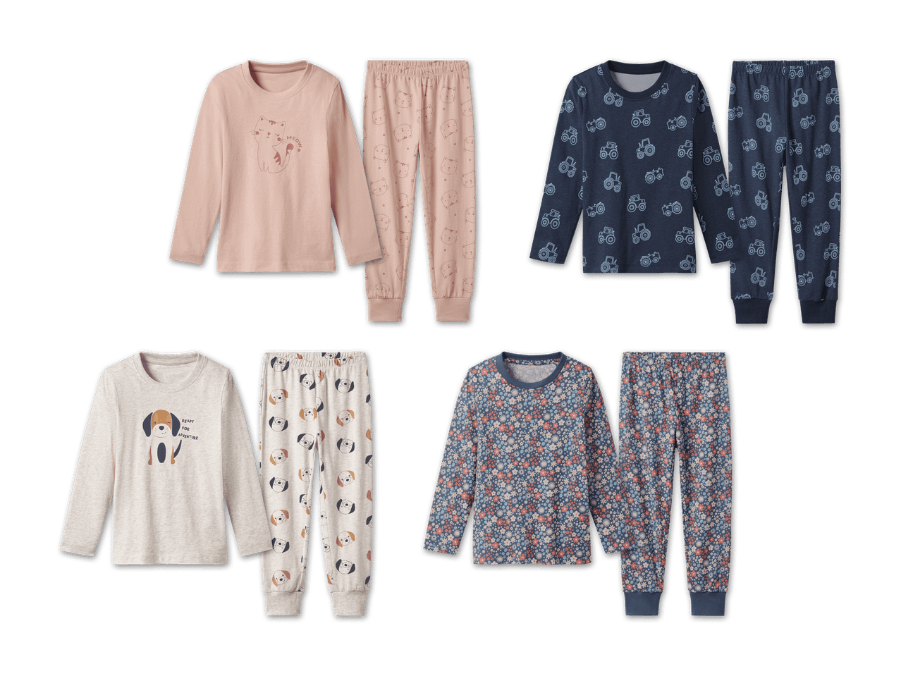 Vier Sets Kinderpyjamas mit Tiermotiven, Traktoren und Blumenmustern.