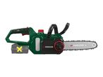 A green and black cordless chainsaw with a battery pack, on a white background.