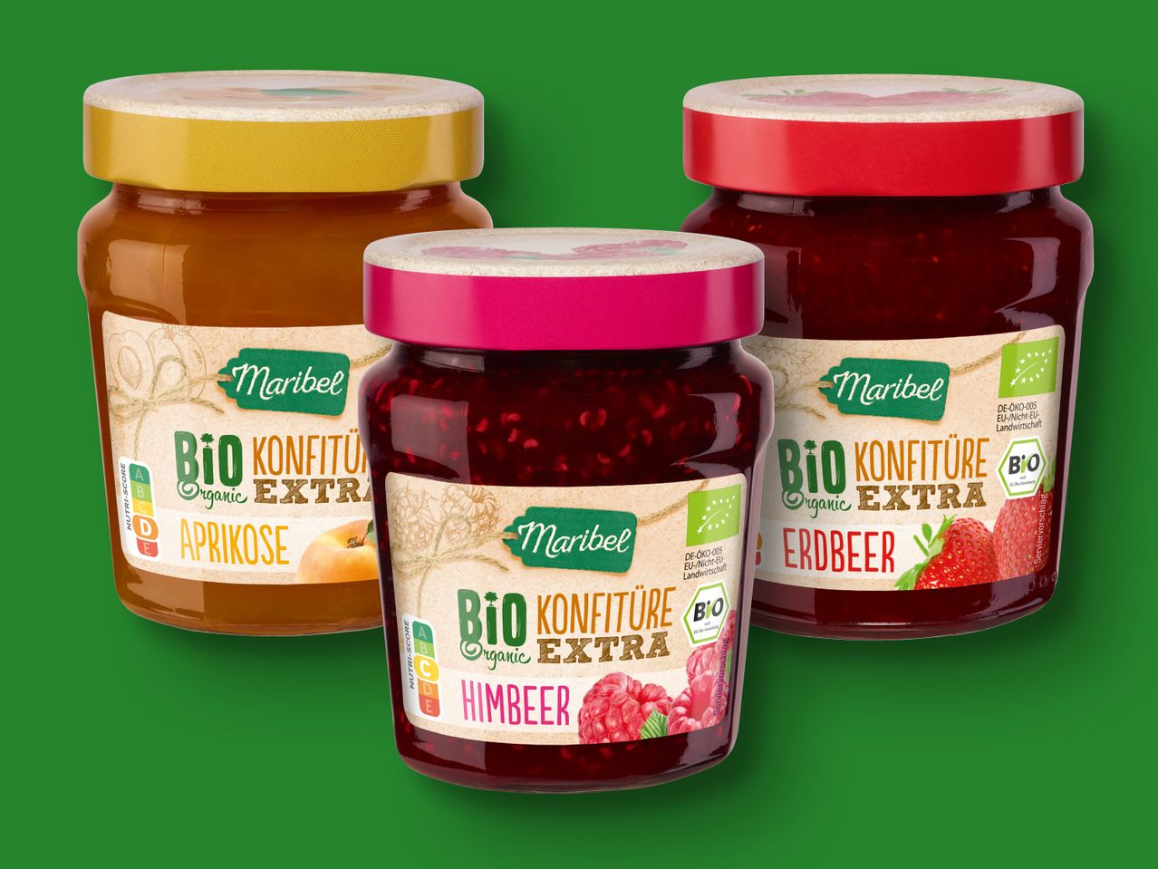 Maribel Bio Konfitüre Extra: Aprikose, Himbeere, Erdbeermarmelade.