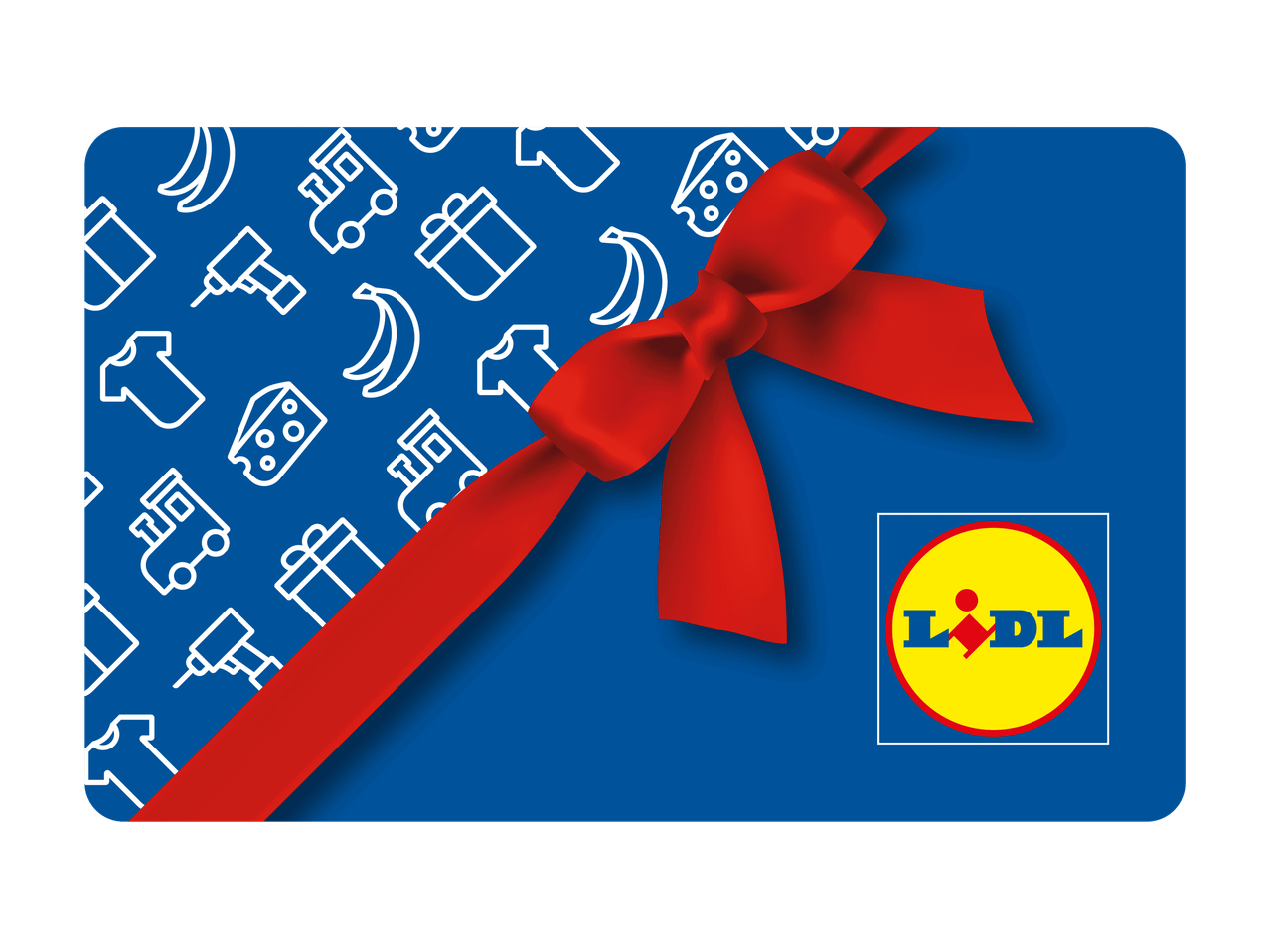 Carte cadeau bleue avec un ruban rouge et des icônes de produits variés comme des bananes, du fromage, des cadeaux et des vêtements.