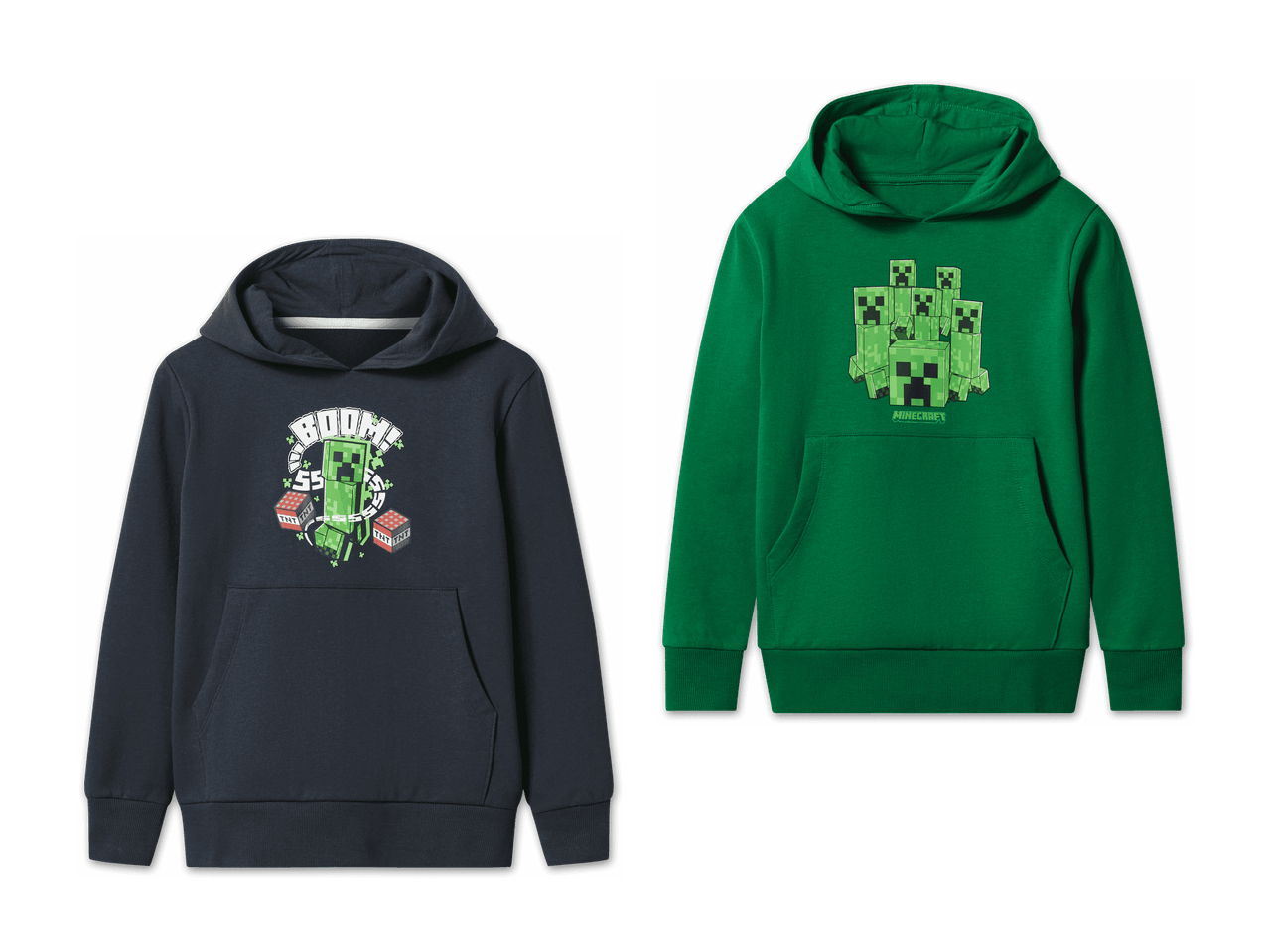Zwei Minecraft-Hoodies: ein dunkelblauer mit 'BOOM!' und ein grüner mit mehreren Creepern.