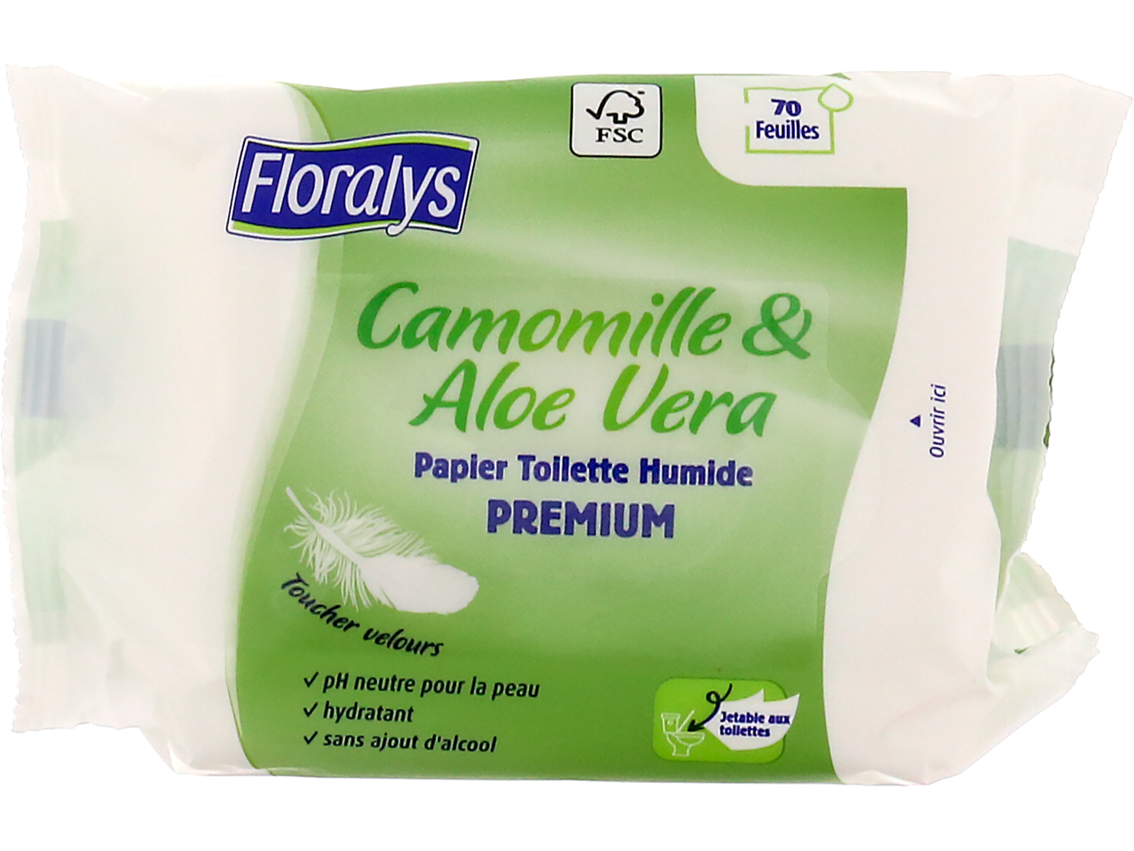 Lingettes humides Floralys camomille & aloe vera, premium.