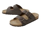 A pair of dark brown Birkenstock-style sandals.