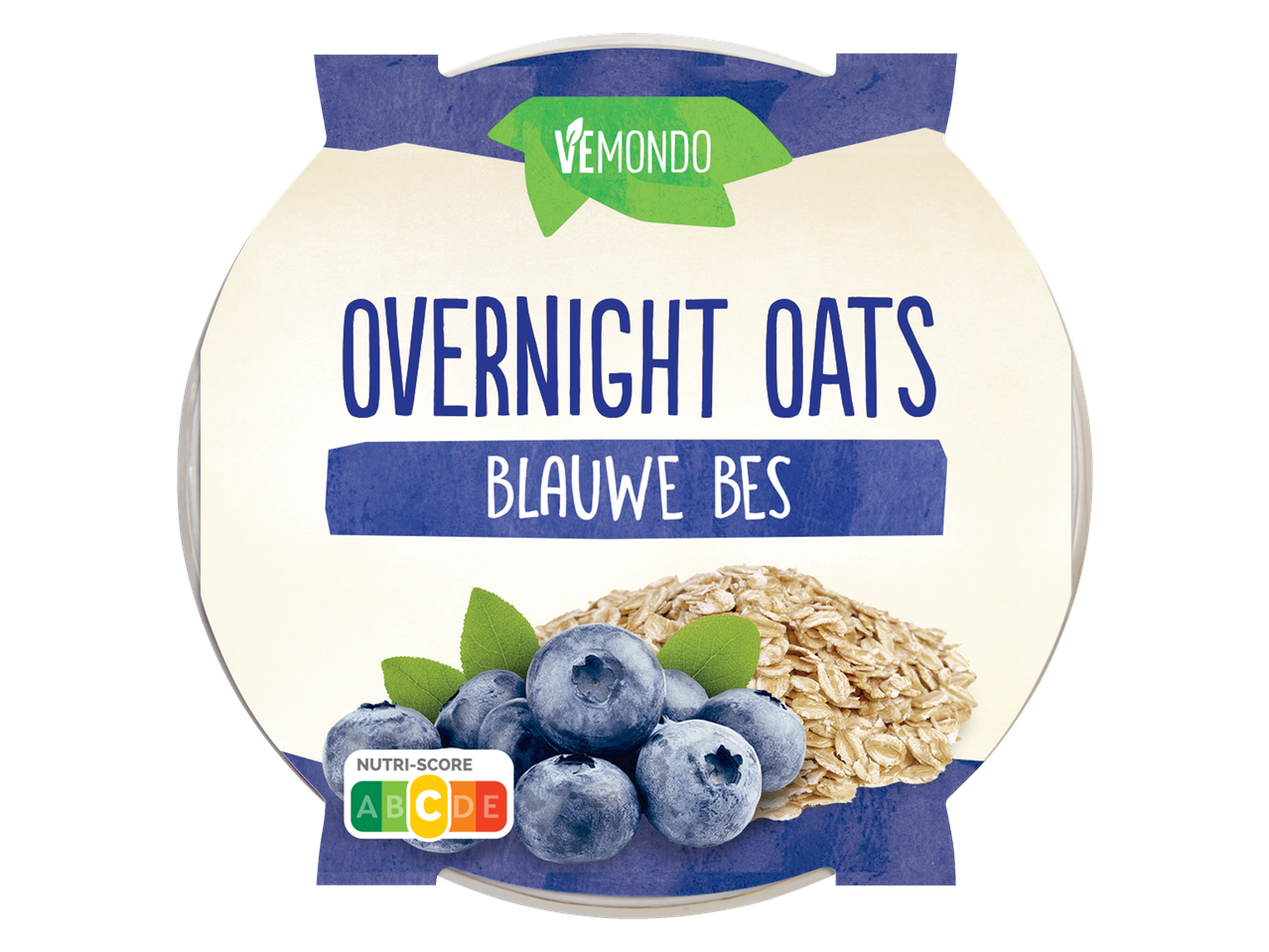 Vemondo plantaardige overnight oats met blauwe bes en havervlokken, Nutri-Score C.