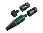 Green garden hose spray nozzle and connectors with red accents, arranged diagonally.