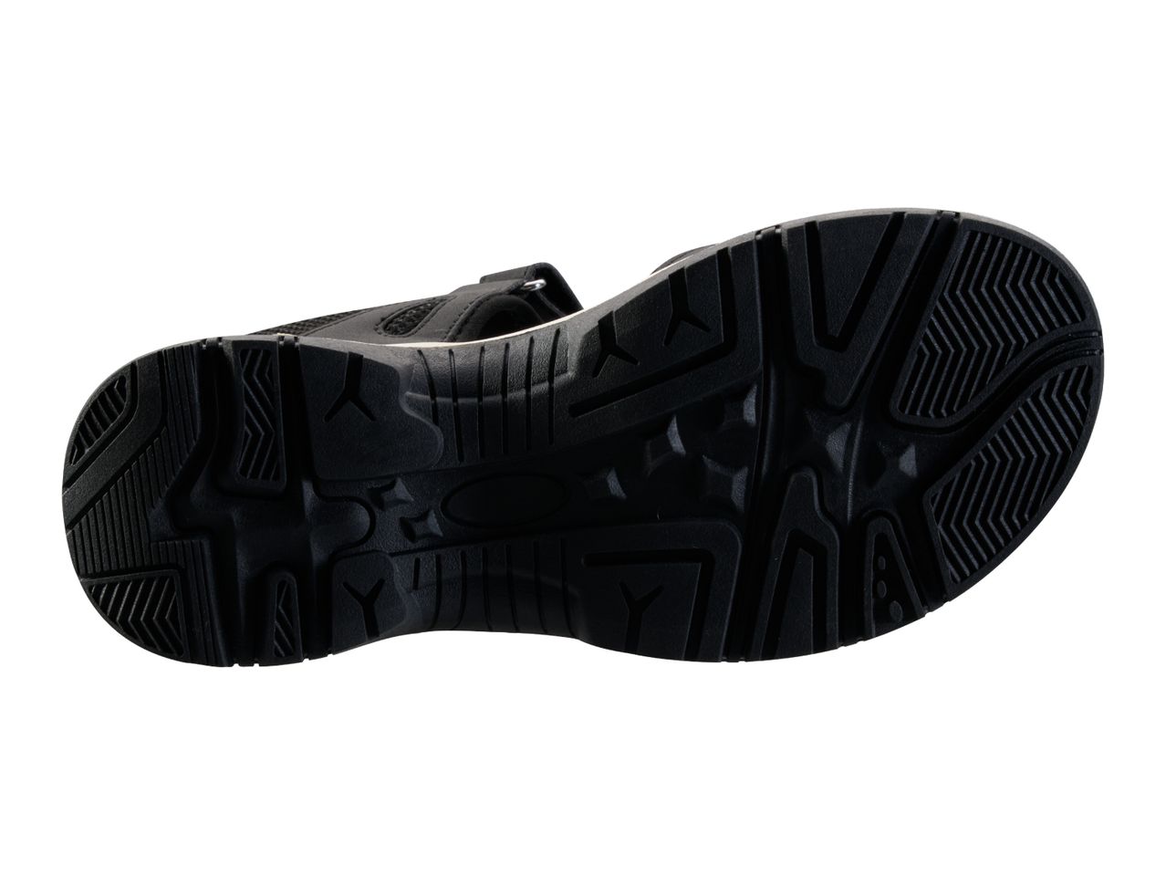 Bottom view of a black men's sandal with a textured sole.