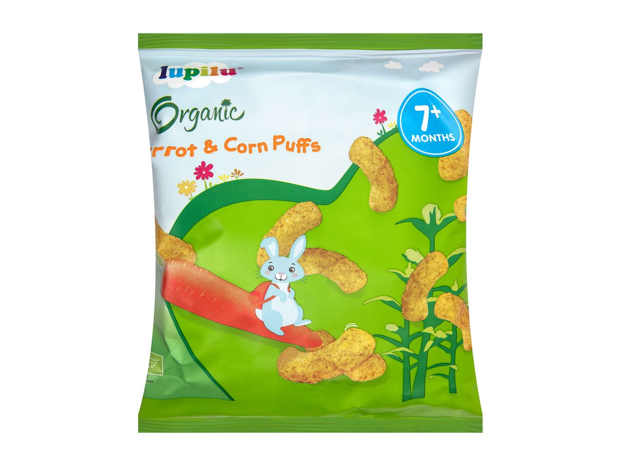 Lupilu Organic Carrot & Corn Puffs for babies, 7+ months.