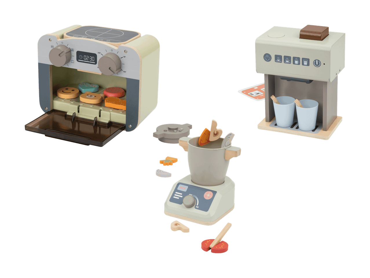 Holz-Spielküchenset für Kinder, bestehend aus Backofen, Kaffeemaschine und Mixer.
