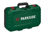 Green tool case with a black handle and red latches