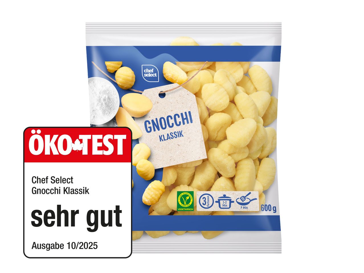 Verpackung mit Gnocchi Klassik, ausgezeichnet mit „sehr gut“ von ÖKO-TEST, vegetarisch, 600g.