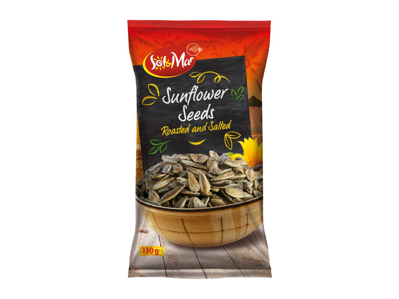 A red and black bag of roasted and salted sunflower seeds in a bowl, 130g.