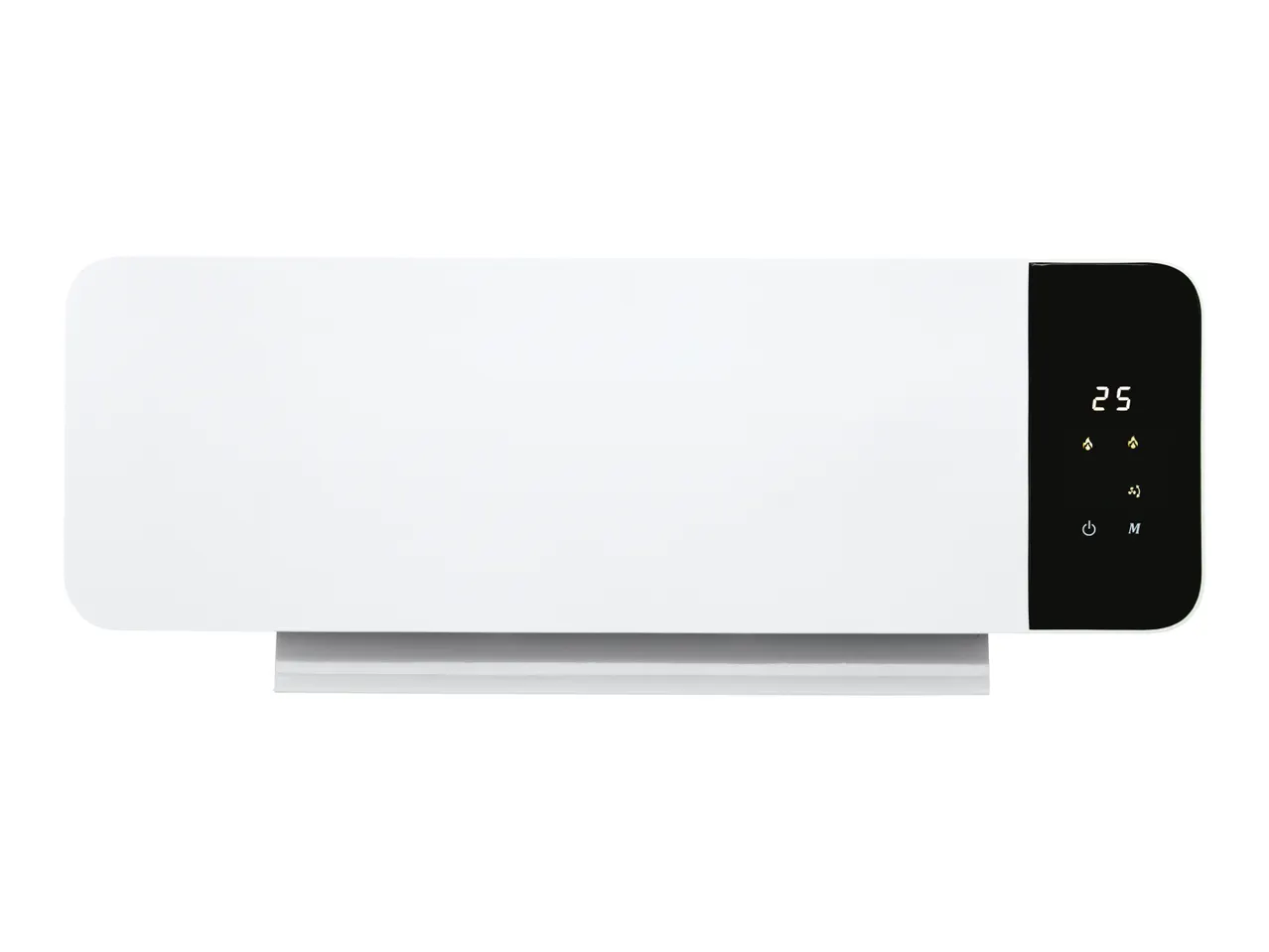 White electric heater with a black digital display showing '25' and control icons