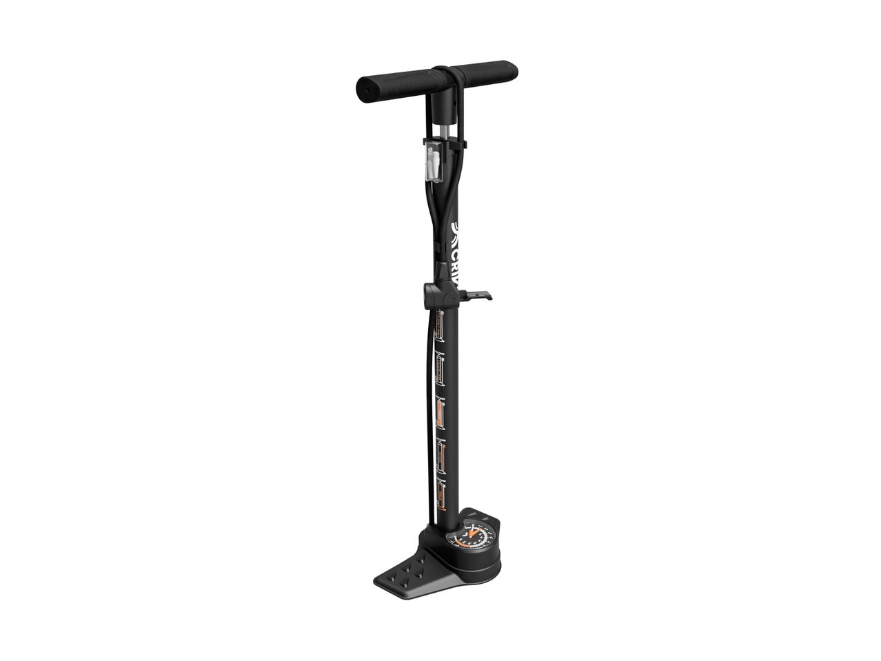 Black bicycle floor pump with a pressure gauge and foot pedal.