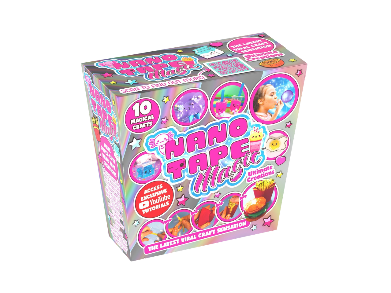 Deluxe Nano Tape Magic kit with 10 crafts, including bubble tea, axolotl, and burger creations.
