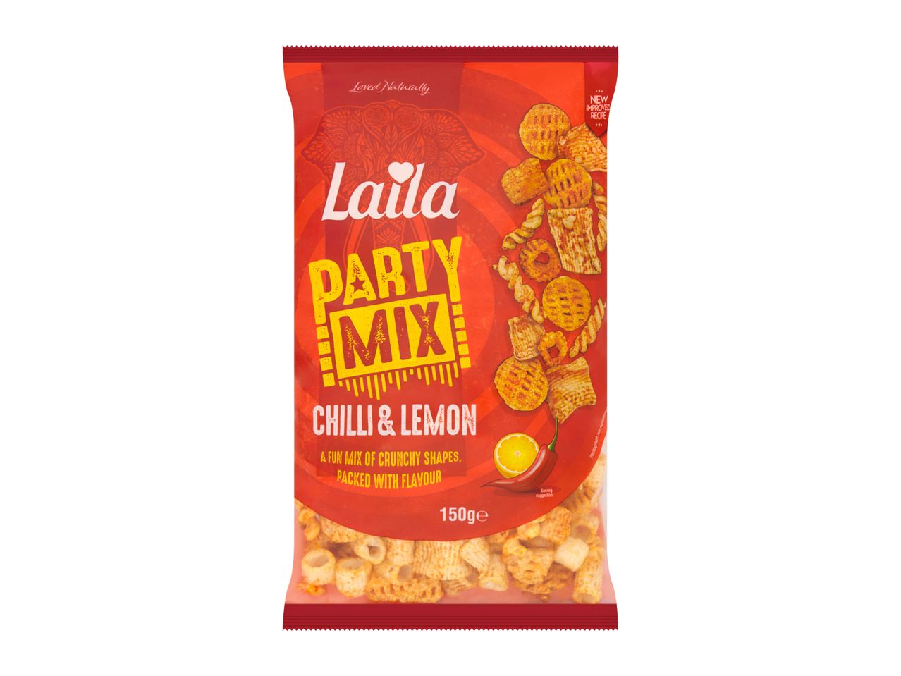 A 150g bag of chilli and lemon flavoured party mix snacks.