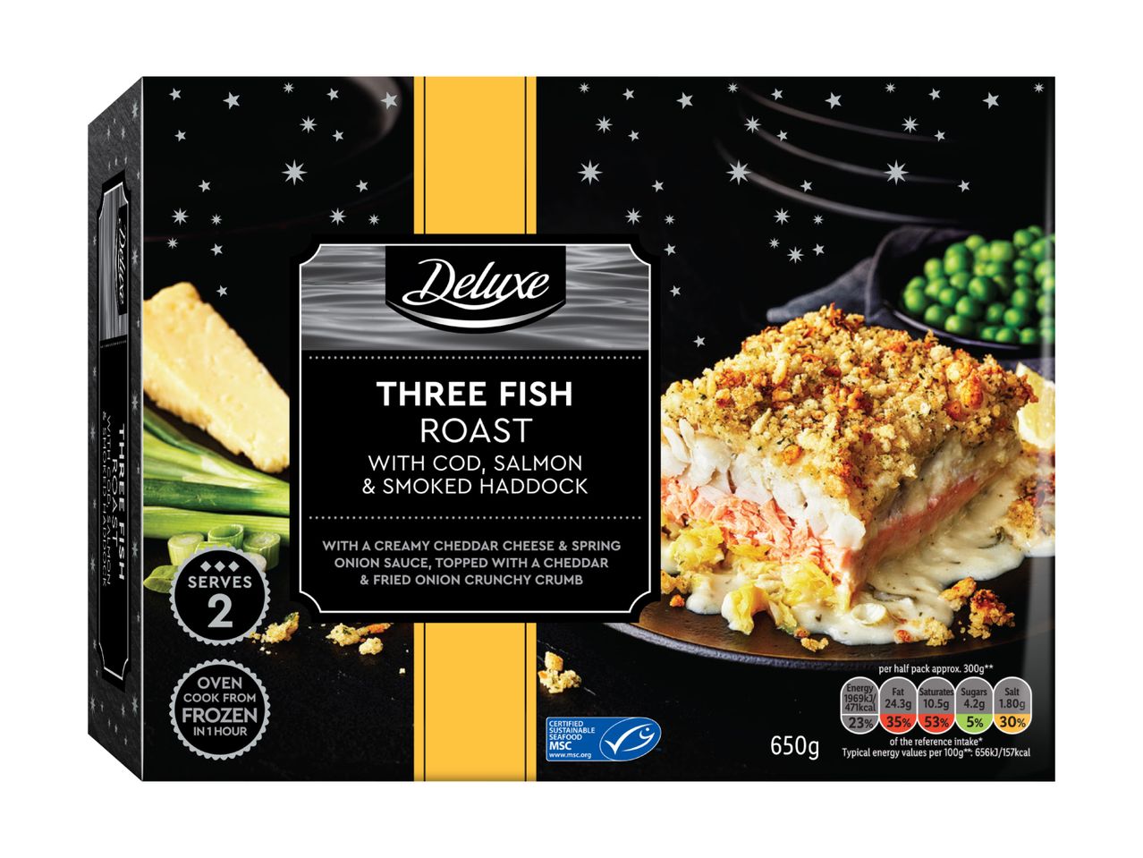Deluxe Three Fish Roast with cod, salmon, and smoked haddock, serves 2, 650g.