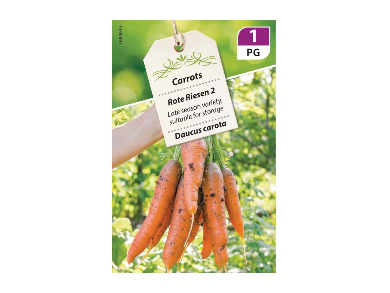 Carrots with a label: 'Rote Riesen 2, Late season variety, suitable for storage'