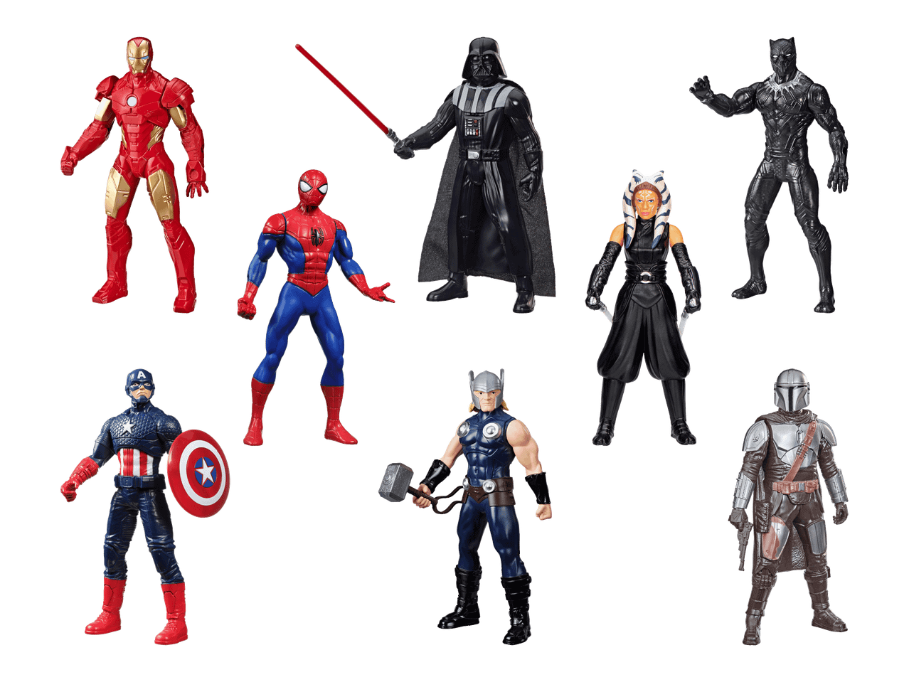 Toimintahahmoja: Iron Man, Hämähäkkimies, Darth Vader, Musta Pantteri, Ahsoka Tano, Kapteeni Amerikka, Thor ja Mandalorian.