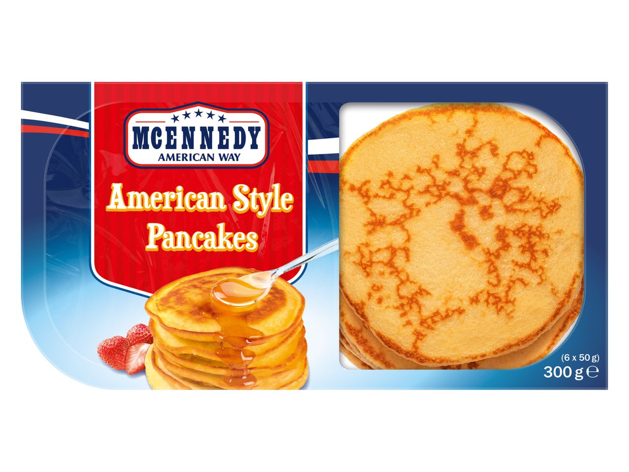 Συσκευασία με αμερικανικές τηγανίτες, μερικές από τις οποίες είναι περιχυμένες με σιρόπι.