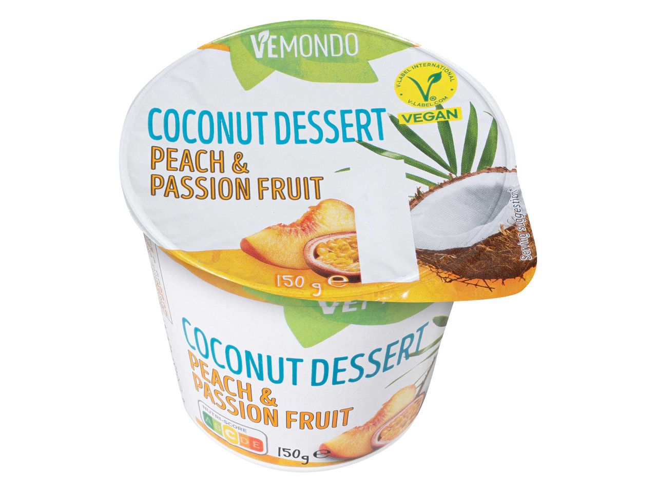 Vemondo kókuszdesszert őszibarack és maracuja ízzel, vegán, 150g-os kiszerelésben.