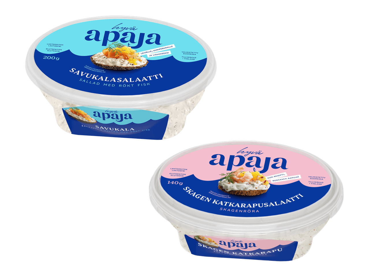 Kaksi pyöreää rasiaa kalasalaattia: savukalasalaatti (200g) ja katkarapusalaatti (140g).