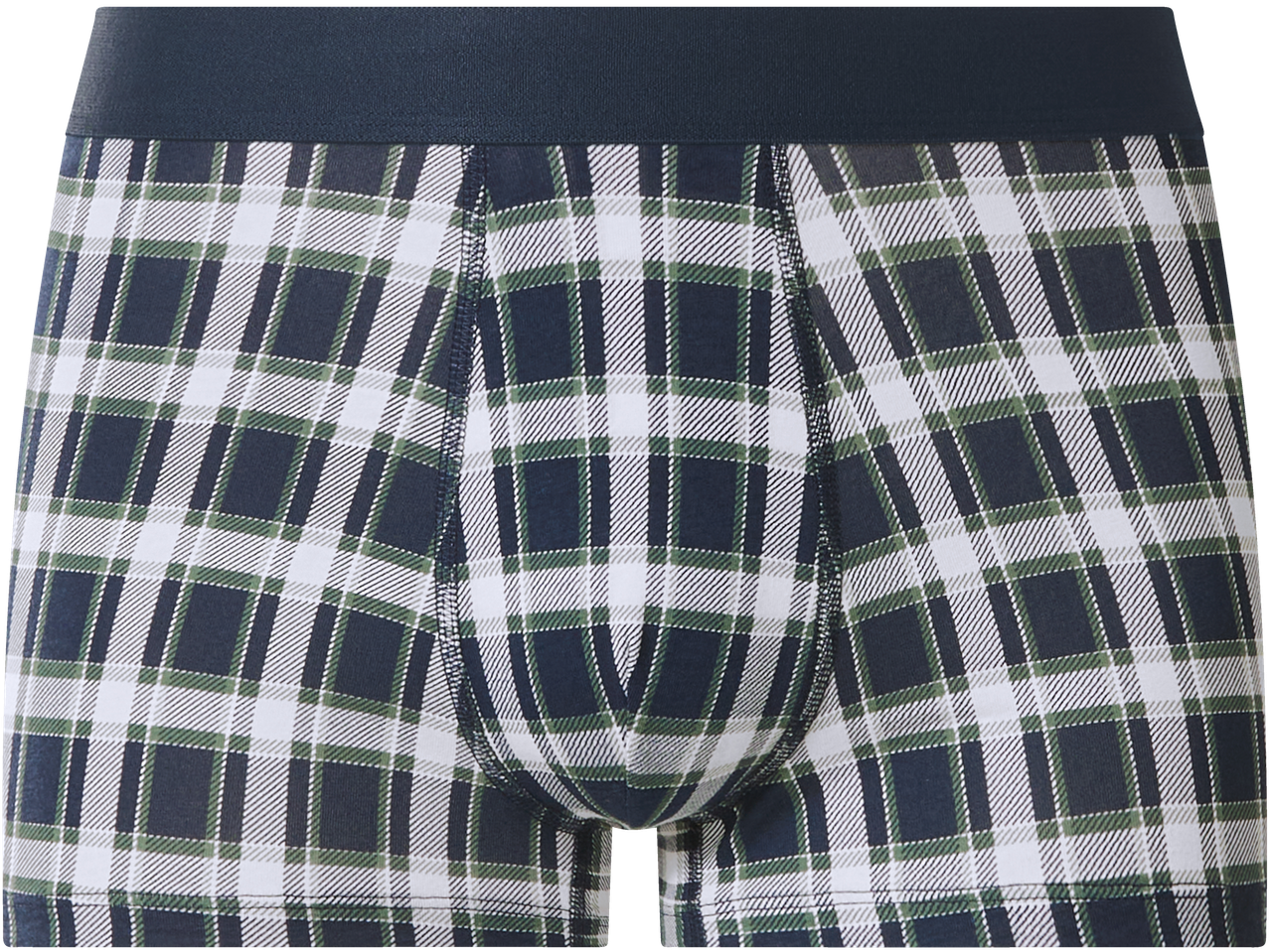 Men's plaid boxer shorts in dark blue, white, and green with a dark blue waistband.