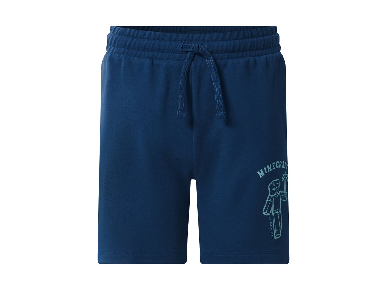 Dark blue boys' shorts with a Minecraft character graphic and 'TIME TO MINE!' text.